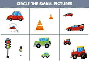 utbildning spel för barn cirkel de små bild av söt tecknad serie bil traktor och trafik lampa tryckbar transport kalkylblad vektor