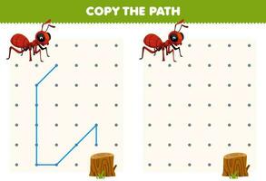 utbildning spel för barn kopia de väg hjälp myra flytta till de trä logga tryckbar insekt kalkylblad vektor