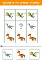 utbildning spel för barn till välja och komplett de korrekt bild av en söt tecknad serie velociraptor krylofosaurus eller dimorfodon tryckbar dinosaurie kalkylblad vektor