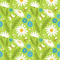 Wildblume Gänseblümchen und Kornblumen, Sommer- drucken auf Grün Hintergrund. nahtlos Muster, Vektor. vektor