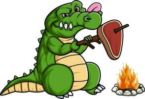 tecknad serie söt krokodil grillning kött på brand vektor