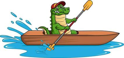 süß Karikatur Krokodil Rudern ein hölzern Boot vektor