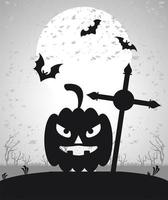 glückliche Halloween-Feierkarte mit fliegenden Fledermäusen und Kürbisgesicht im Friedhof vektor