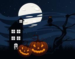 lyckligt halloween firande kort med spökhus och pumpor vektor