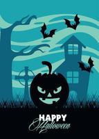 glückliche Halloween-Feierkarte mit Kürbisgesicht im Spukschloss vektor