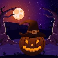 glückliche Halloween-Feierkarte mit Kürbis- und Hexenhut-Szene vektor