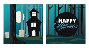 glückliche Halloween-Feierkarte mit Spukhaus auf dem Friedhof vektor