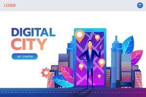 målsidesmall. mobil navigering koncept vektorillustration. man som står framför smarttelefonen med GPS-stadskarta på skärmen och rutten. incheckningssymboler. platt design. vektor