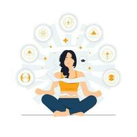 Yoga Meditation, Achtsamkeit, Entspannung und innere Frieden. heiter Ruhe Frau genießen Meditation im Natur während ihr Augen geschlossen, Atmung Übungen mit Hände im Zen Geste Konzept Illustration vektor