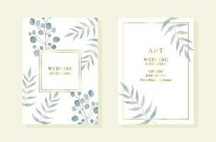 Hochzeit pemplates mit Licht Blau Aquarell Geäst und Blätter. Gold Frames vektor