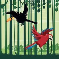 vilda tukaner och papegojafåglar som flyger i djungelscenen vektor