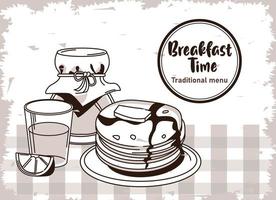 frukost tid bokstäver i cirkulär ram affisch med apelsinjuice och pannkakor vektor