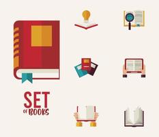 Bündel von sieben Lehrbüchern Bildung liefert Ikonen und Schriftzüge vektor