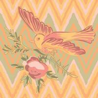 teckning fågel flygande med blomma ro tropisk årgång skriva ut, Ränder sicksack- mönster grunge retro bakgrund i pastell färger. vektor illustration för design, mode, textil, hälsning kort