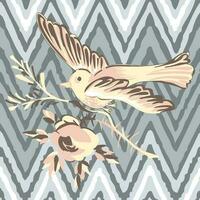 teckning fågel flygande med blomma ro tropisk årgång skriva ut, Ränder sicksack- mönster grunge retro bakgrund i pastell färger. vektor illustration för design, mode, textil, hälsning kort
