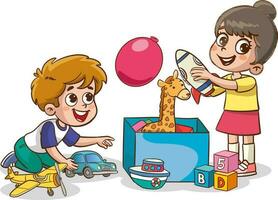 vektor illustration av barn spelar med leksaker och leksaker i en låda