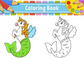 färg bok för ungar. söt sjöjungfru enhörning. tecknad serie karaktär. vektor illustration. svart kontur. isolerat på vit bakgrund.