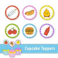 cupcake toppers. uppsättning av sex runda bilder. grilltema. seriefigurer. söt bild. för födelsedag, baby shower. vektor