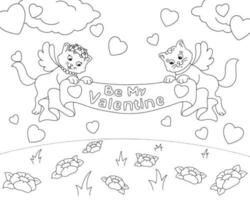 Amor Katzen sind halten ein Herzliche Glückwünsche Schleife. Färbung Buch Seite zum Kinder. Valentinstag Tag. Karikatur Stil Charakter. Vektor Illustration isoliert auf Weiß Hintergrund.