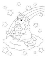 das Einhorn sitzt auf ein Wolke und hält ein Ostern Geschenk. Färbung Buch Seite zum Kinder. Karikatur Stil Charakter. Vektor Illustration isoliert auf Weiß Hintergrund.