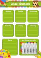 skola tidtabell med multiplikation tabell. för de utbildning av barn. isolerat på en vit bakgrund. med en söt tecknad serie karaktär. vektor illustration.