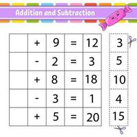 addition och subtraktion. uppgift för barn. klippa och klistra. utbildningsutvecklande arbetsblad. aktivitetssida. spel för barn. rolig karaktär. isolerad vektor illustration. tecknad stil.