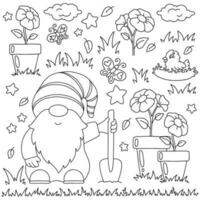 trädgård gnome med en skyffel och blommor. färg bok sida för ungar. tecknad serie stil karaktär. vektor illustration isolerat på vit bakgrund.