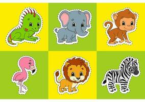 uppsättning ljusa färgklistermärken för barn. djurtema. söta seriefigurer. vektor illustration isolerad på färgbakgrund.