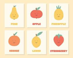 ein einstellen von Kinder süß Obst Plakate. Vektor Illustration. retro Plakate zum Kindergarten. groovig Plakate mit Früchte.