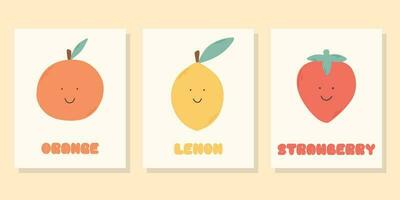 ein einstellen von Kinder süß Obst Plakate. Vektor Illustration. retro Plakate zum Kindergarten. groovig Plakate mit Zitrone, orange, Erdbeere.