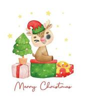 süß froh Weihnachten Rentier Santa Helfer mit Elf Hut sitzen auf Stapel von eingewickelt die Geschenke, Karikatur Tier Charakter Aquarell Hand Zeichnung Vektor Illustration