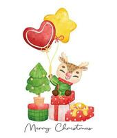 Geschenk Verpackung Weihnachten Rentier umgeben mit die Geschenke, fröhlich Weihnachten Zeit, Karikatur Charakter Aquarell Hand Zeichnung Vektor Illustration