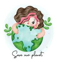 Öko freundlich speichern aus Planet, ein jung Mädchen Umarmung Grün Planet Aquarell malen. vektor