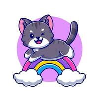 söt katt Hoppar med regnbåge och moln tecknad serie vektor ikon illustration. djur- natur ikon begrepp isolerat premie vektor. platt tecknad serie stil