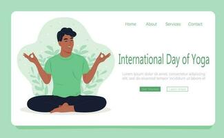 internationell dag av yoga. man med stängd ögon mediterar i yoga lotus hållning. webb sida mall. platt vektor illustration