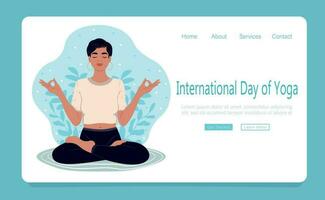 International Tag von Yoga. Frau mit geschlossen Augen meditieren im Yoga Lotus Haltung. Netz Seite Vorlage. eben Vektor Illustration.