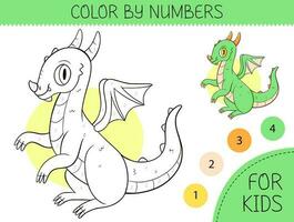 Farbe durch Zahlen Färbung Seite zum Kinder mit süß Drachen. Färbung Buch mit Karikatur Drachen mit ein Beispiel zum Färbung. einfarbig und Farbe Versionen. Vektor Illustration.