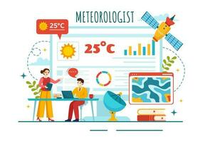 meteorolog vektor illustration med väder prognos och atmosfärisk nederbörd Karta i platt tecknad serie hand dragen landning sida mallar