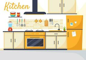 Küche die Architektur Vektor Illustration mit Möbel und Innere eine solche wie Tisch, Herd und Kühlschrank im eben Karikatur Hand gezeichnet Hintergrund Vorlagen