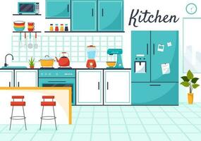 kök arkitektur vektor illustration med möbel och interiör sådan som tabell, spis och kylskåp i platt tecknad serie hand dragen bakgrund mallar
