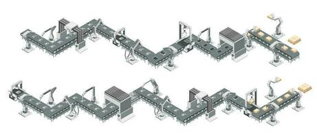 Roboter Versammlung Linie mit Förderer Gürtel im ein automatisiert Fabrik. isometrisch Vektor Illustration.