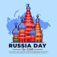 ryssland nationell dag. ryssland landmärke med ryska flagga på bakgrund och hälsning text ryssland dag på 12 juni vektor