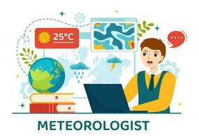 meteorolog vektor illustration med väder prognos och atmosfärisk nederbörd Karta i platt tecknad serie hand dragen landning sida mallar