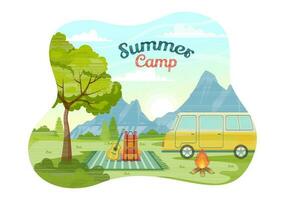 sommar läger vektor illustration av camping och reser på Semester med Utrustning sådan som tält, ryggsäck och andra i platt tecknad serie mallar