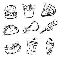 uppsättning av snabb livsmedel vektor illustration i söt klotter stil isolerat på vit bakgrund