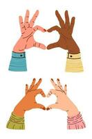Hände Geste Herz Liebe und Vielfalt Konzept. Hände von anders Haut Farbe Herstellung Herz Form. weiblich Hände Herstellung Zeichen Herz durch Finger, isoliert auf Weiß Hintergrund vektor