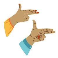 zwei Hände Gewehr Zeichen Vektor Karikatur Illustration isoliert auf Weiß. Gewehr Pistole Finger Geste. Mörder Geste. Knall oder Schießen von imaginär Waffe, Kommunikation