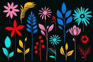 färgrik samtida blomma sömlös mönster illustration. uppsättning av naiv hand dragen blommor vektor