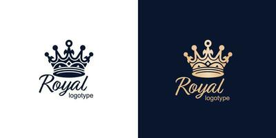 Krone Luxus Konzept Logo Design Vorlage auf Blau und Weiß Hintergrund. Logo Vektor Zeichen