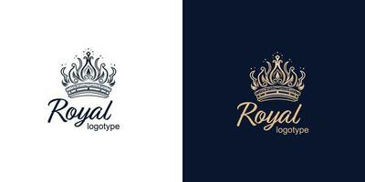 Krone Luxus Konzept Logo Design Vorlage auf Blau und Weiß Hintergrund. Logo Vektor Zeichen